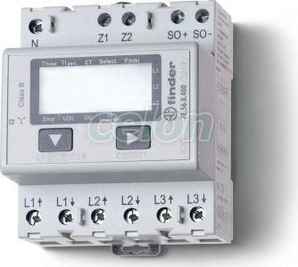 Contor trifazat de energie electrică, afisaj digital, putere activă, 70mm lăţime, cu transformator pana la 1500 A, 5 (6)A, montare pe şină de 35mm, MID, cu ieșire M-Bus 7E5684000030-Finder, Alte Produse, Finder, Relee De Supraveghere Si Temporizare, Contoare De Energie-Seria 7E, Finder