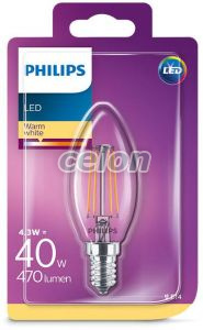 LED Classic Filament B35 CL 4.3 40W 2700K 470lm E14 15.000h, Surse de Lumina, Lampi si tuburi cu LED, Becuri LED forma lumanare, Philips