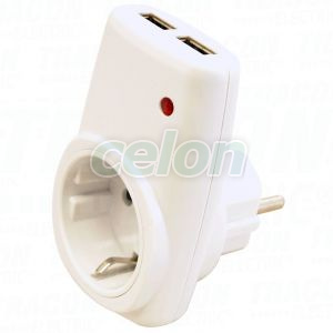 Csatlakozóaljzat adapter 2 db USB porttal, fehér 85-265 VAC 50/60 Hz; USB: 5 VDC, max. 2,1 A, Egyéb termékek, Tracon Electric, Csatlakozó eszköz, Tracon Electric