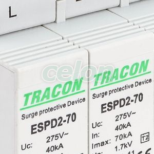 T2 AC típusú túlfeszültség levezető, cserélhető betéttel Uc:275V; In:40kA; Imax:70kA; Up:1,7kV; 4P, Egyéb termékek, Tracon Electric, Hálózati installáció, Tracon Electric