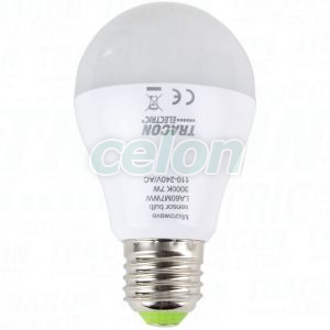 LED fényforrás beépített mozgásérzékelővel 110-240 V, 50/60 Hz, 7W,600lm,2700K,360°,60s,5m,<20lx, EEI=F, Egyéb termékek, Tracon Electric, LED fényforrás, Tracon Electric