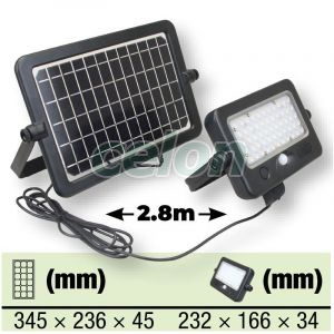 Proiector LED cu panou fotovoltaic și detector de mișcare 10 W, 4000 K, 1100 lm, IP65, 3,7 V 7200 mAh, Alte Produse, Tracon Electric, Iluminat - şi corpuri de iluminat, Proiectoare, Proiector LED cu panou fotovoltaic şi detector de mişcare, Tracon Electric