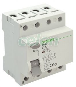 Bloc cu protecţie diferenţială, 4 poli 25A, 100mA, 6kA, AC, Alte Produse, Tracon Electric, Aparataj, Familia modulară de produse EVO, Blocuri cu protecţie diferenţială de tip EVOV, Tracon Electric