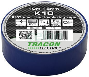 Szigetelőszalag, kék 10m×18mm, PVC, 0-90°C, 40kV/mm, Segédanyagok, Szigetelőszalag, Tracon Electric