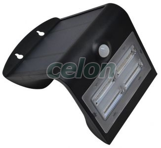 CIL de perete LED, panou fotovoltaic,detector mișcare, negru 3,2 W, 4000 K, 400 lm, IP65, 3,7 V, 2 Ah, Alte Produse, Tracon Electric, Iluminat - şi corpuri de iluminat, Proiectoare, Proiector LED cu panou fotovoltaic şi detector de mişcare, Tracon Electric