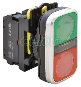 Buton dublu pornit-oprit, verde + roşu 1×NO+1×NC, 5A/230V AC-15, IP65, Alte Produse, Tracon Electric, Automatizări industriale, Butoane, comutatoare şi lămpi de semnalizare cu corp din material plastic, Butoane duble, pornit/oprit, Tracon Electric