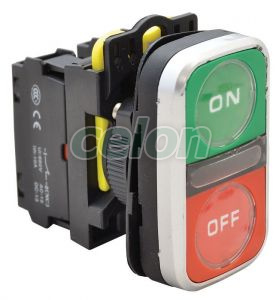 Buton dublu pornit-oprit, ON-OFF, verde + roşu 1×NO+1×NC, 5A/230V AC-15, IP65, Alte Produse, Tracon Electric, Automatizări industriale, Butoane, comutatoare şi lămpi de semnalizare cu corp din material plastic, Butoane duble, pornit/oprit, Tracon Electric