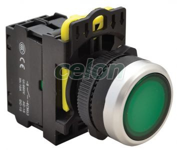 Buton cu semnalizare luminoasă, verde 1×NO, 5A/230V AC-15, IP65, LED 230V AC/DC, Alte Produse, Tracon Electric, Automatizări industriale, Butoane, comutatoare şi lămpi de semnalizare cu corp din material plastic, Butoane simple cu semnalizare luminoasă, Tracon Electric