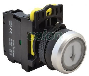 Buton inscripţionat, alb, (săgeată neagră) 1×NO, 5A/230V AC-15, IP65, Alte Produse, Tracon Electric, Automatizări industriale, Butoane, comutatoare şi lămpi de semnalizare cu corp din material plastic, Butoane inscripţionate, Tracon Electric