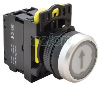 Buton inscripţionat, semn.luminoasă, alb, (săgeată neagră) 1×NO, 5A/230V AC-15, IP65, LED 230V AC/DC, Alte Produse, Tracon Electric, Automatizări industriale, Butoane, comutatoare şi lămpi de semnalizare cu corp din material plastic, Butoane inscripţionate, Tracon Electric