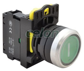 Buton inscripţionat, verde,(I alb) 1×NO, 5A/230V AC-15, IP65, Alte Produse, Tracon Electric, Automatizări industriale, Butoane, comutatoare şi lămpi de semnalizare cu corp din material plastic, Butoane inscripţionate, Tracon Electric