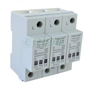 Descărcător de supratensiuni,AC/DC,clasa1+2,unitar cu soclul 230/400 V, 50 Hz, 8 kA (10/350 us) 40/80 kA (8/20 us), 3P, Alte Produse, Tracon Electric, Aparataj, Dispozitiv de protecție împotriva supratensiunii, Descărcătoare, SERIA TTV, Descărcătoare combinate de supratensiune, clasa 1+2, Tracon Electric