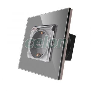 Luxion Priza Simpla cu Capac de Protectie cu Rama din Sticla (gri), Prize - Intrerupatoare, Luxion, Luxion