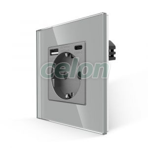 Luxion Priza Simpla + USB-A + USB-C cu Rama din Sticla (gri), Prize - Intrerupatoare, Luxion, Luxion