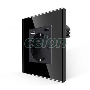 Luxion Priza Simpla + USB-A + USB-C cu Rama din Sticla (negru), Prize - Intrerupatoare, Luxion, Luxion