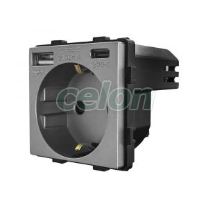 Luxion Priza Simpla + USB-A + USB-C 20W Gri, Prize - Intrerupatoare, Luxion, Luxion