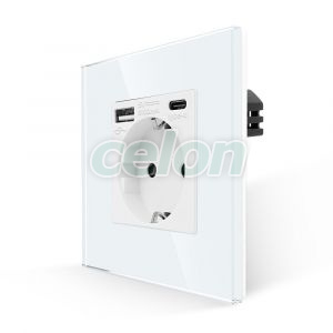 Luxion Priza Simpla + USB-A + USB-C cu Rama din Sticla (alb), Prize - Intrerupatoare, Luxion, Luxion