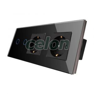 Intrerupator Dublu + 2 Prize cu Rama din Sticla LUXION, Prize - Intrerupatoare, Luxion, Luxion