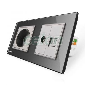 Priza dubla Livolo cu rama din sticla 1 priza Schuko+TV/internet, Prize - Intrerupatoare, Livolo, Livolo