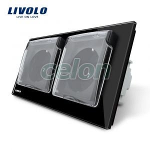 Priza dubla Livolo cu rama din sticla si capac de protectie rezistent la apa, Prize - Intrerupatoare, Livolo, Livolo