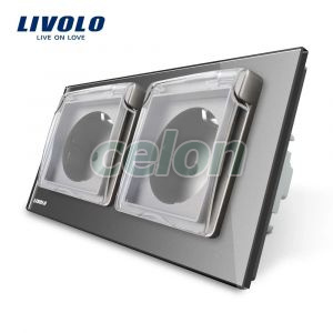 Priza dubla Livolo cu rama din sticla si capac de protectie rezistent la apa, Prize - Intrerupatoare, Livolo, Livolo