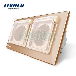 Priza dubla Livolo cu rama din sticla si capac de protectie rezistent la apa, Prize - Intrerupatoare, Livolo, Livolo