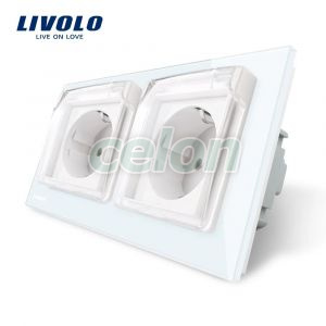 Priza dubla Livolo cu rama din sticla si capac de protectie rezistent la apa, Prize - Intrerupatoare, Livolo, Livolo