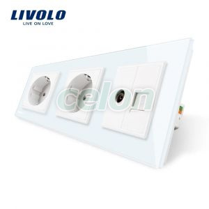 Priza tripla Livolo cu rama din sticla 2 prize simple+TV/internet, Prize - Intrerupatoare, Livolo, Livolo