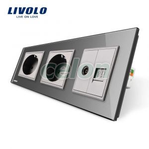 Priza tripla Livolo cu rama din sticla 2 prize simple+TV/internet, Prize - Intrerupatoare, Livolo, Livolo