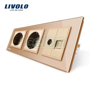 Priza tripla Livolo cu rama din sticla 2 prize simple+TV/internet, Prize - Intrerupatoare, Livolo, Livolo