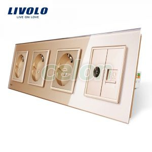 Priza cvadrupla Livolo cu rama din sticla 3 prize simple+TV/internet, Prize - Intrerupatoare, Livolo, Livolo