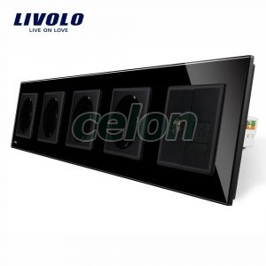 Priza cvintupla + priza TV Internet Livolo cu rama din sticla, Prize - Intrerupatoare, Livolo, Livolo