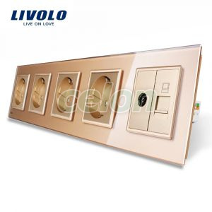 Priza cvintupla + priza TV Internet Livolo cu rama din sticla, Prize - Intrerupatoare, Livolo, Livolo
