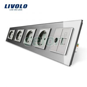 Priza cvintupla + priza TV Internet Livolo cu rama din sticla, Prize - Intrerupatoare, Livolo, Livolo
