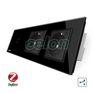 Intrerupator LIVOLO simplu ZigBee cap scara / cap cruce cu touch si 2 prize ZigBee din sticla, Control de pe telefon, Prize - Intrerupatoare, Livolo, Livolo
