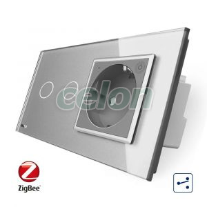 Intrerupator dublu cap scara / cap cruce, ZigBee + priza simpla Livolo ZigBee, rama din sticla, Control de pe telefon, Prize - Intrerupatoare, Livolo, Livolo