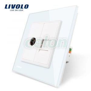 Priza dubla TV + priza internet Livolo cu rama din sticla, Prize - Intrerupatoare, Livolo, Livolo