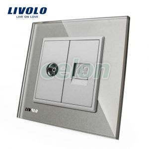 Priza dubla TV + priza internet Livolo cu rama din sticla, Prize - Intrerupatoare, Livolo, Livolo