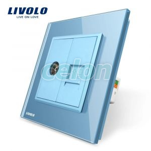 Priza dubla TV + priza internet Livolo cu rama din sticla, Prize - Intrerupatoare, Livolo, Livolo