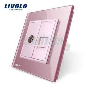 Priza dubla TV + Telefon Livolo cu rama din sticla, Prize - Intrerupatoare, Livolo, Livolo