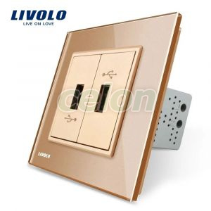 Priza dubla USB Livolo cu rama din sticla, Prize - Intrerupatoare, Livolo, Livolo