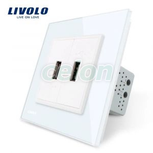 Priza dubla USB Livolo cu rama din sticla, Prize - Intrerupatoare, Livolo, Livolo